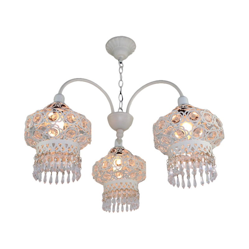 3-Head Beaded Lantern Chandelier Turkish White/Red Acrylic Hollowed-out Hanging Ceiling Light for Dining Room