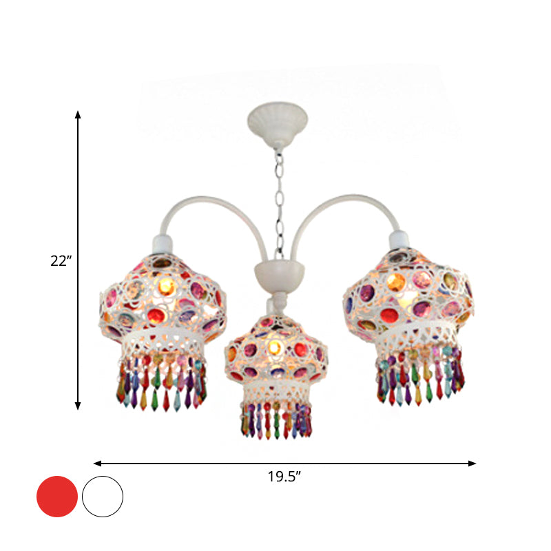 3-Head Beaded Lantern Chandelier Turkish White/Red Acrylic Hollowed-out Hanging Ceiling Light for Dining Room