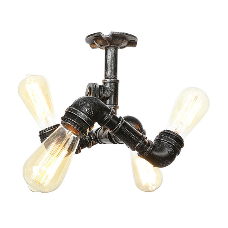 Water Pipe Metal Semi Flush Mount Vintage 3/4 Lights Indoor Ceiling Light Fixture in Antique Brass/Aged Silver/Antique Bronze