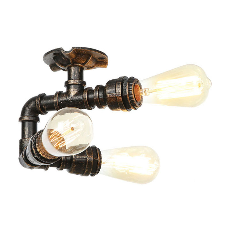 Water Pipe Metal Semi Flush Mount Vintage 3/4 Lights Indoor Ceiling Light Fixture in Antique Brass/Aged Silver/Antique Bronze