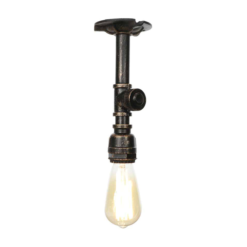 Vintage Pipe Ceiling Mounted Fixture 1 Light Metallic Semi Flush in Aged Silver/Antique Brass/Antique Bronze for Kitchen