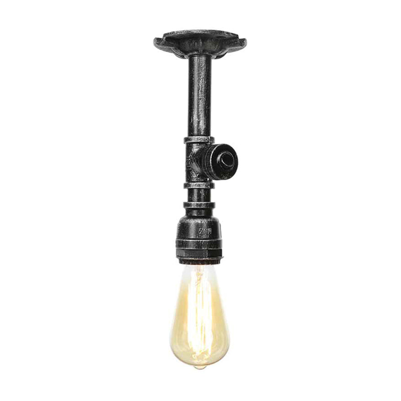 Vintage Pipe Ceiling Mounted Fixture 1 Light Metallic Semi Flush in Aged Silver/Antique Brass/Antique Bronze for Kitchen