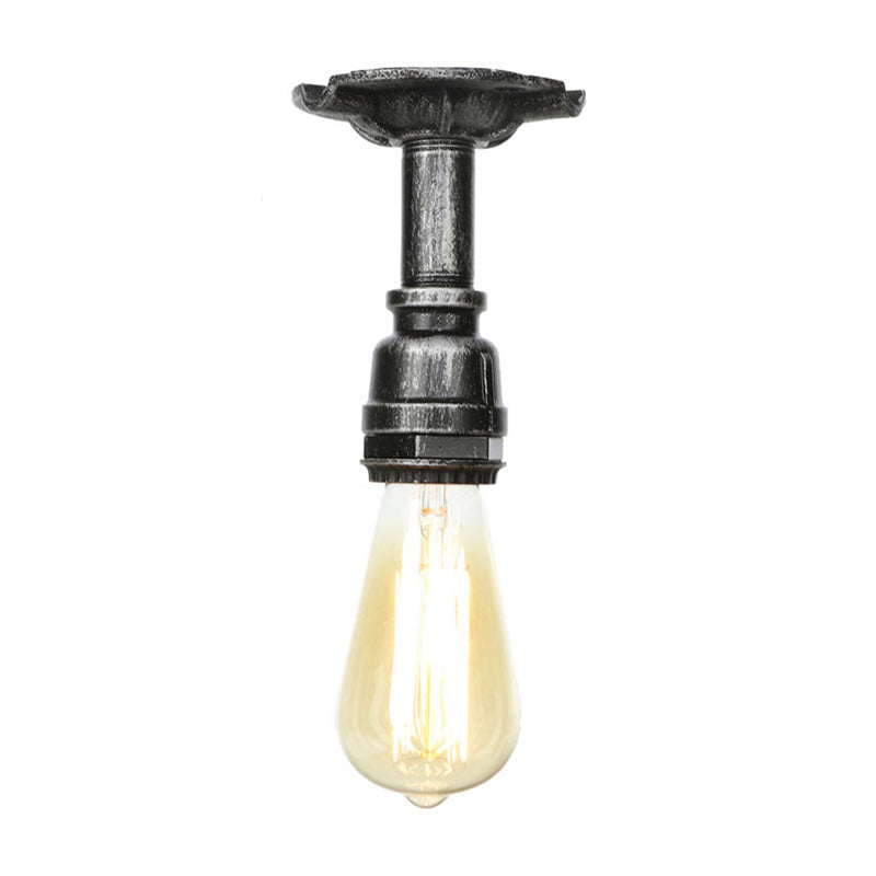 Vintage Pipe Ceiling Mounted Fixture 1 Light Metallic Semi Flush in Aged Silver/Antique Brass/Antique Bronze for Kitchen
