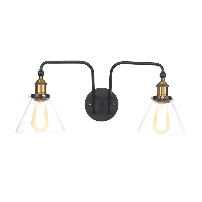 2 Lights Clear Glass Sconce Lamp Industrial Style Black Cone/Bowl Living Room Wall Lighting Idea