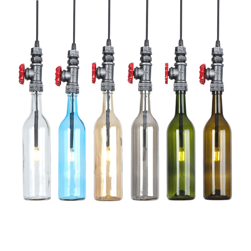 1 Light Pipe Hanging Lighting Industrial Black/Aged Silver/Antique Bronze Metal Pendant Lamp with Wine Bottle Brown/Blue/Green Glass Shade