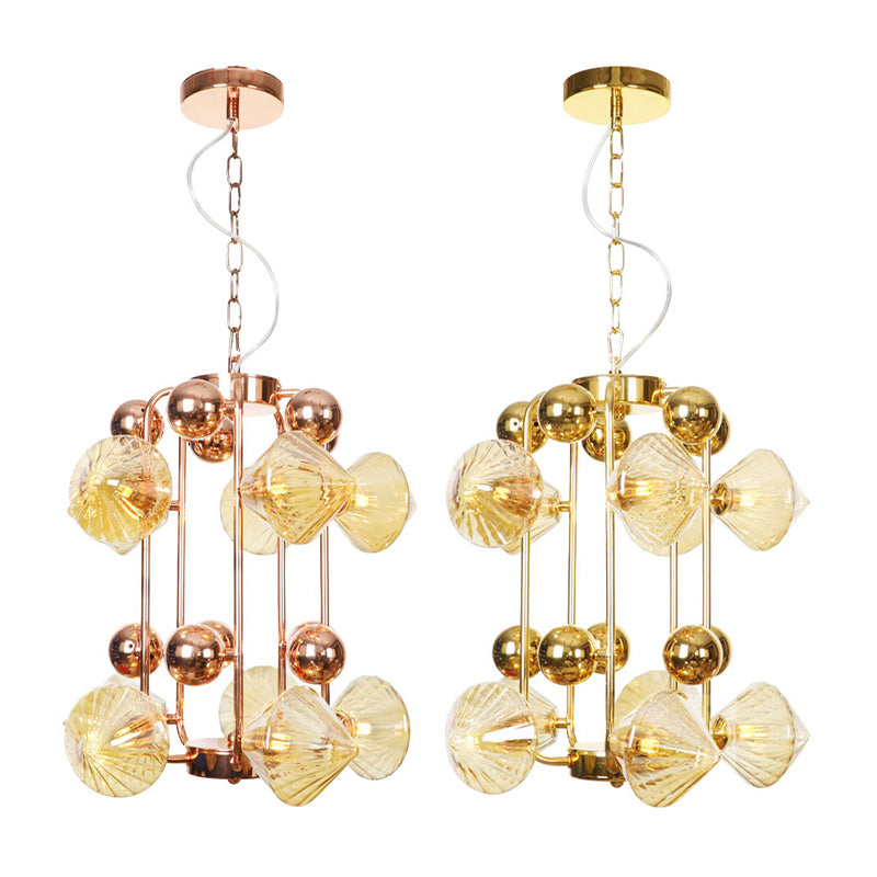 Diamond Living Room Chandelier Lighting Vintage Clear/Amber Ribbing Glass 6/8/10 Bulbs Copper/Gold Finish LED Pendant Lamp