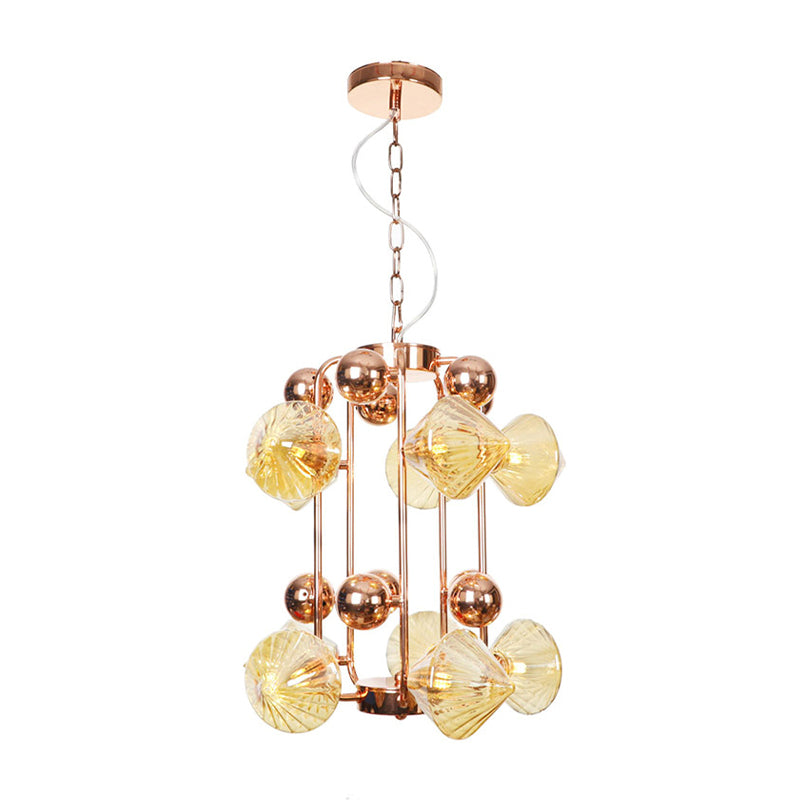 Diamond Living Room Chandelier Lighting Vintage Clear/Amber Ribbing Glass 6/8/10 Bulbs Copper/Gold Finish LED Pendant Lamp