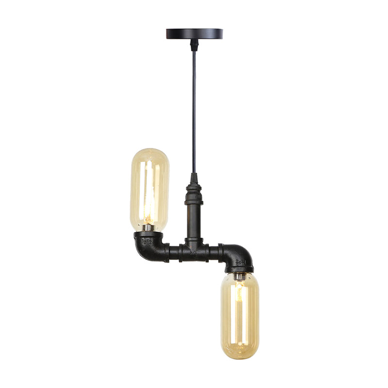 Black 2 Lights Ceiling Chandelier Steampunk Clear/Amber Glass Capsule Shaped Hanging Pendant Light