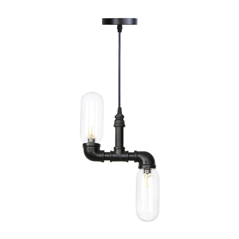 Black 2 Lights Ceiling Chandelier Steampunk Clear/Amber Glass Capsule Shaped Hanging Pendant Light