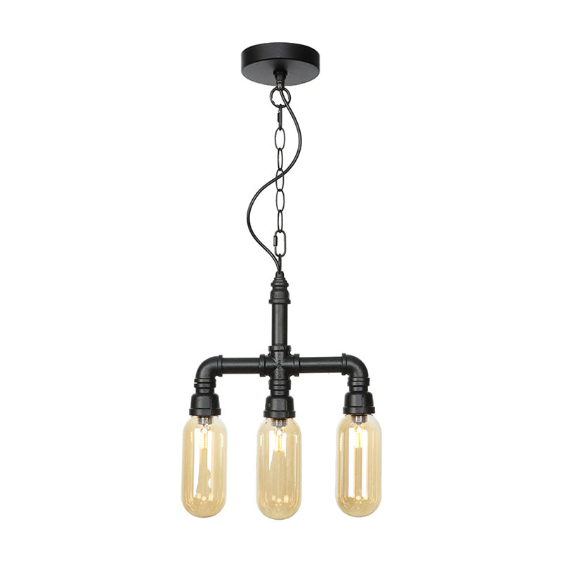 Amber/Clear Glass Pipe Chandelier Lighting Industrial 3 Heads Dining Room LED Ceiling Hang Fixture