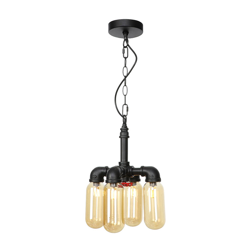 4 Bulbs Chandelier Pendant Lighting Vintage Water Pipe Amber/Clear Glass LED Hanging Lamp Kit