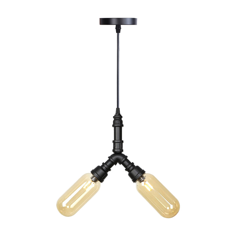 Piping Dining Room Hanging Lighting Industrial Amber/Clear Glass 2/3/4 Heads Black Finish LED Ceiling Chandelier