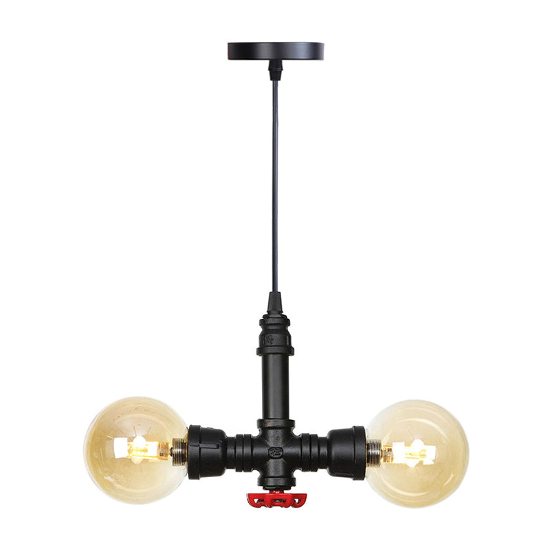 2 Bulbs Chandelier Pendant Lighting Vintage Sphere Amber/Clear Glass Hanging Lamp Fixture in Black