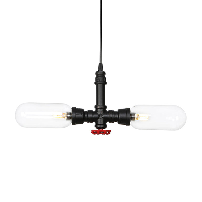 Capsule Amber/Clear Glass Pendant Chandelier Vintage 2 Heads Restaurant LED Hanging Ceiling Light in Black with Pipe Design