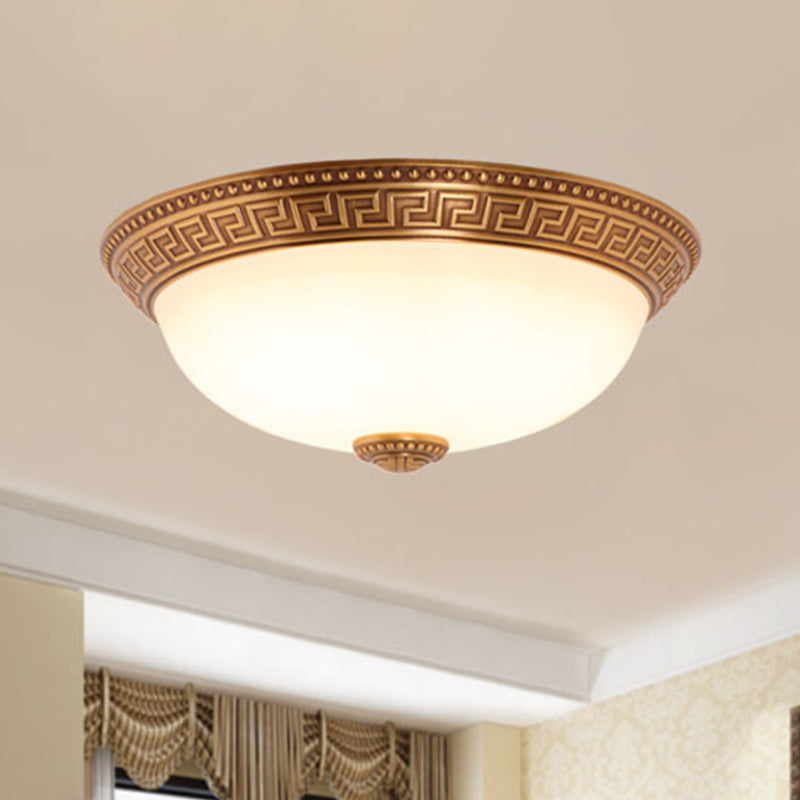 Cream Glass Bronze Flush Mount Light Flower/Leaf/Floral-Trimmed Bowl Traditional LED Ceiling Light Fixture, 12"/16" W