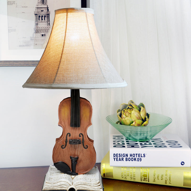 Living Room Flared Shade Desk Light with Violin Base Resin 1 Head Kids Beige Reading Light