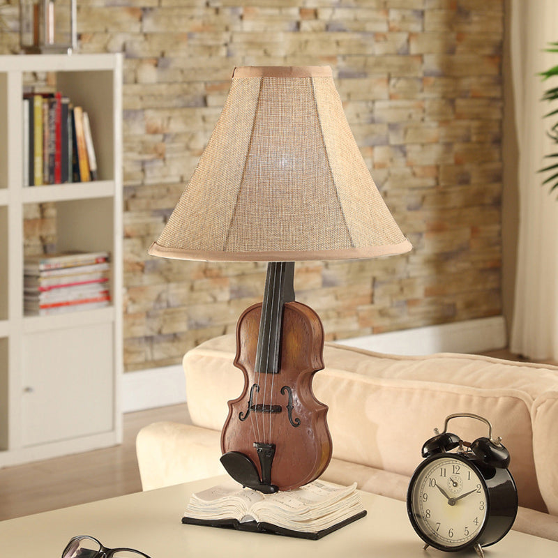 Living Room Flared Shade Desk Light with Violin Base Resin 1 Head Kids Beige Reading Light