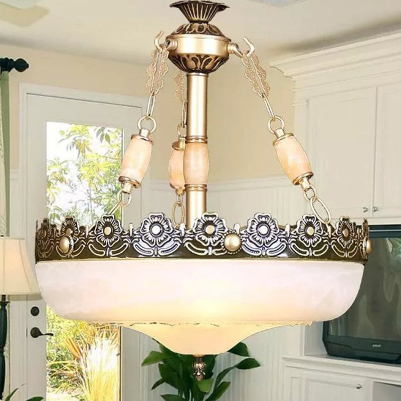 12"/16" W Basket Shaped White Glass Pendant Classic Living Room LED Hanging Ceiling Light in Brass