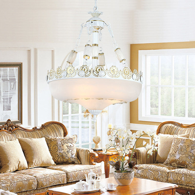 12"/16" W Basket Shaped White Glass Pendant Classic Living Room LED Hanging Ceiling Light in Brass