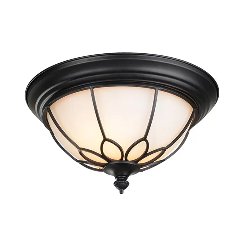 6"/7"/8.5" W Retro Hemisphere Flush Light Opal Frosted Glass LED Flush Mount Ceiling Lamp with Cage Guard in Black/Gold