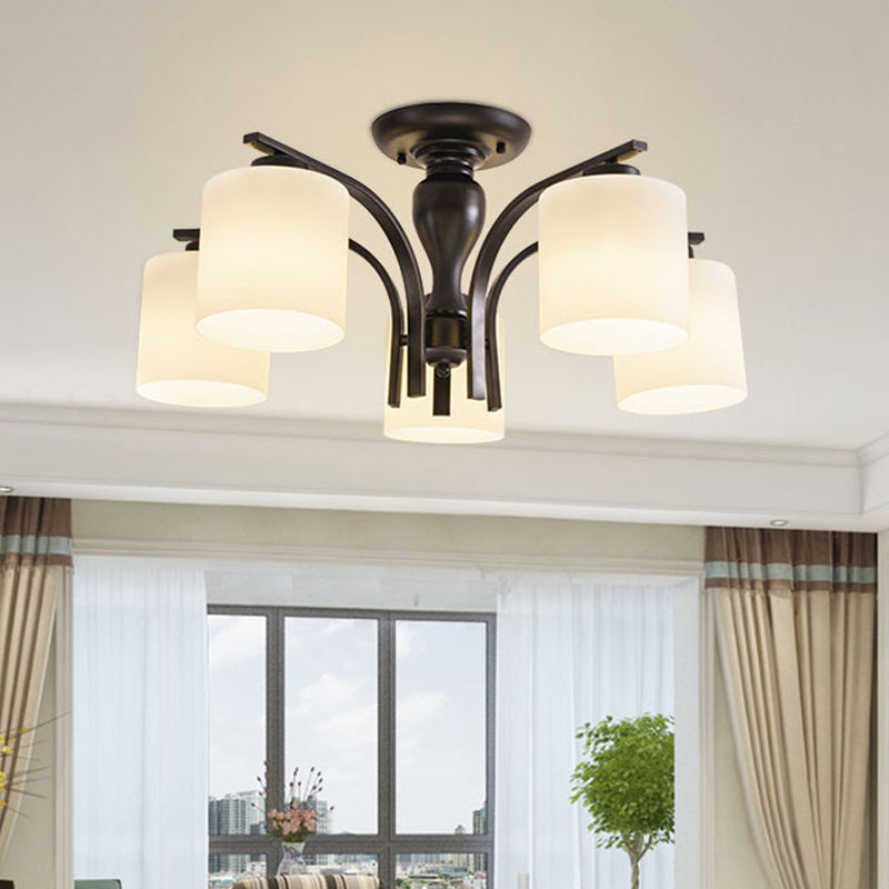 Luce semi-montaggio in vetro bianco Vintage Vintage 3/5/8 Light Soggiorno Luce soffitto in nero
