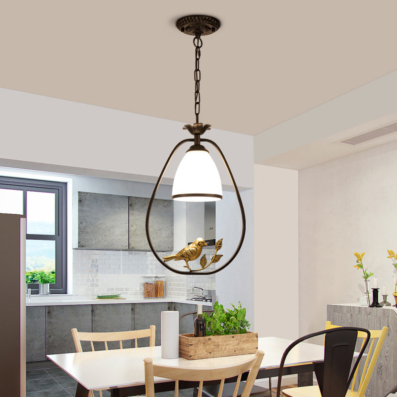 Rustic Oval/Round Pendulum Light 1 Bulb Metal Pendant Lamp in Black with Bell White Glass Shade and Bird Decoration