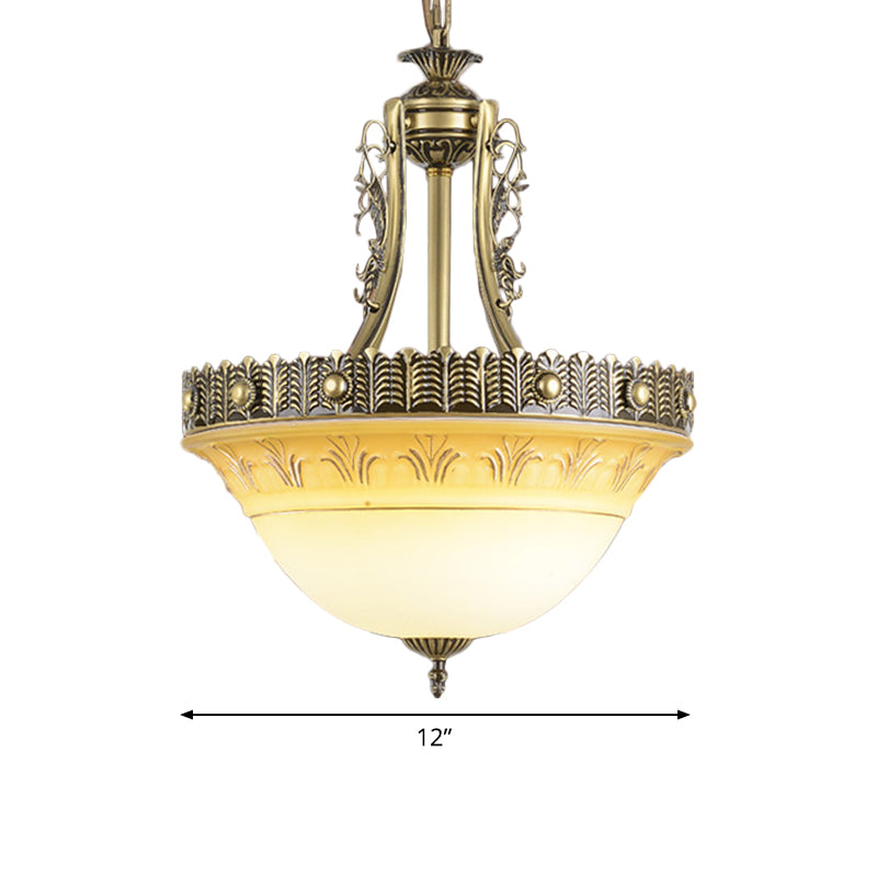Bowl Terrace Ceiling Chandelier Rustic Beige and White Glass 3-Light 12"/16"/19.5" W Brass Pendant Lamp