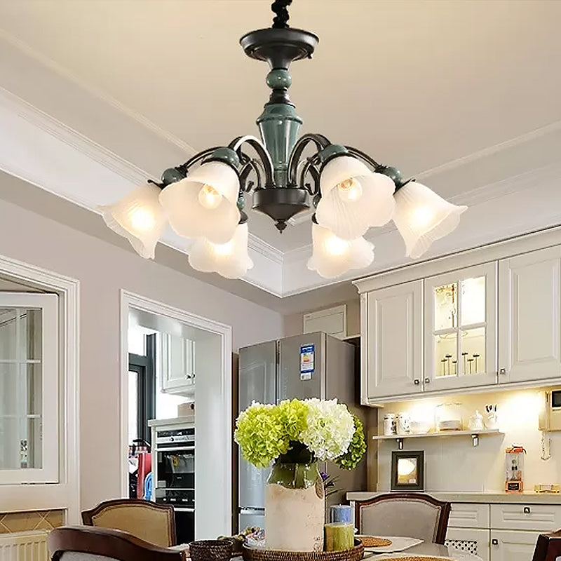 Peacock Green 5/6/8 Bulbs Drop Lamp Rustic Ribbed Frosted Glass Flower Blossom Chandelier