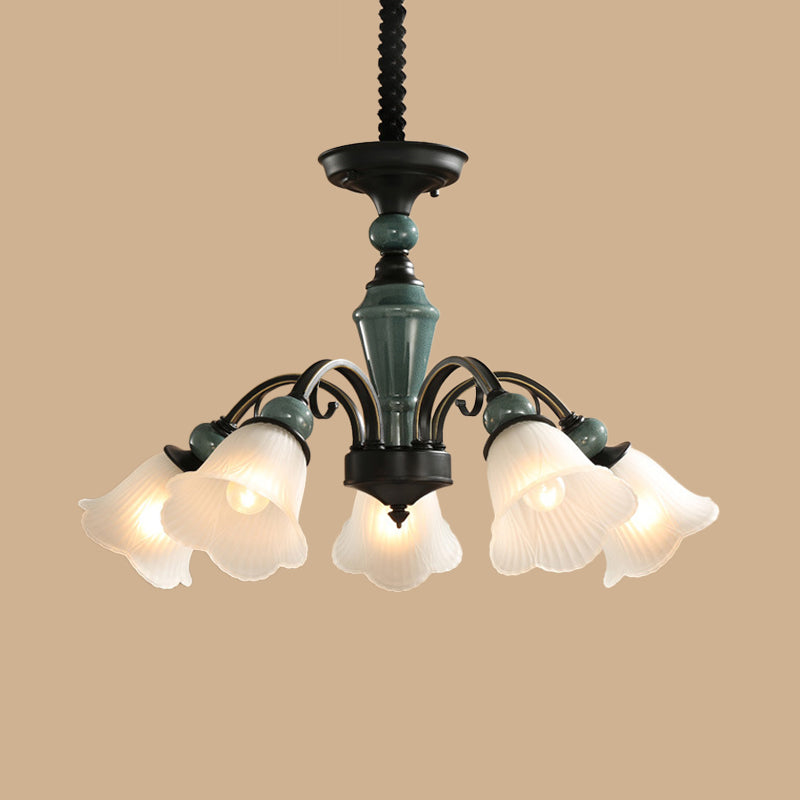 Peacock Green 5/6/8 Bulbs Drop Lamp Rustic Ribbed Frosted Glass Flower Blossom Chandelier