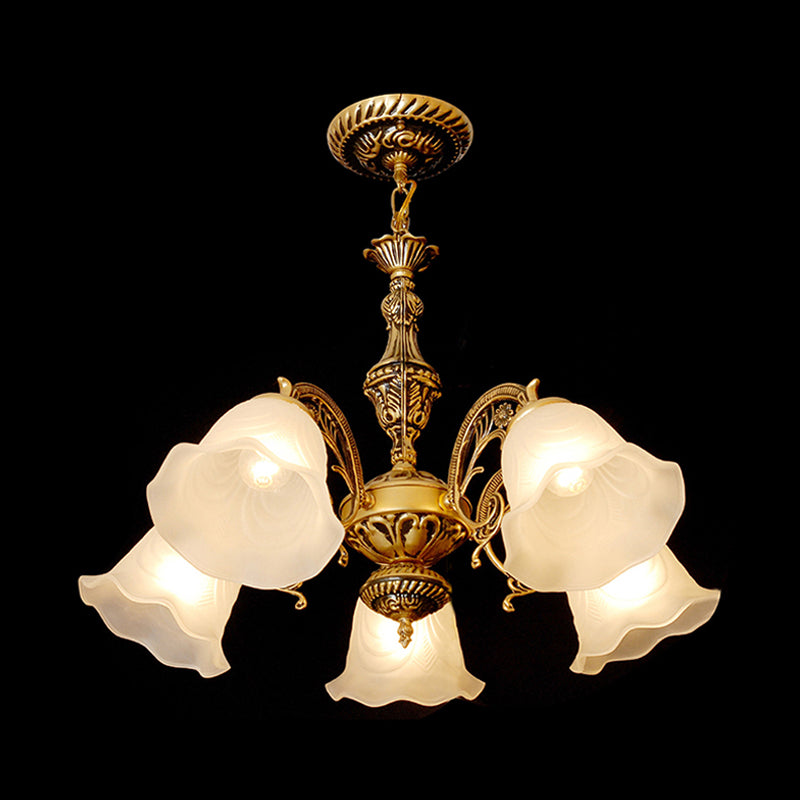 Brass Flower Chandelier Lamp Antique Frosted Glass 5-Head Living Room Ceiling Hang Light