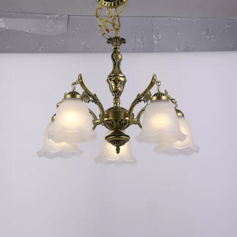 Bronze Floral Down Chandelier Lighting Vintage Frosted Glass 5-Bulb Dining Room Drop Lamp
