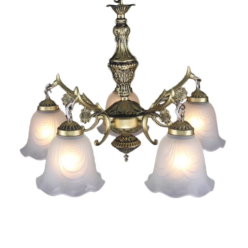 Bronze Floral Down Chandelier Lighting Vintage Frosted Glass 5-Bulb Dining Room Drop Lamp