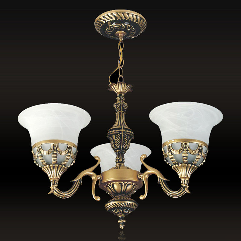 3-licht hangende kroonluchter traditionele restaurant hanglamp met wijd uitlopende albast glazen schaduw in brons