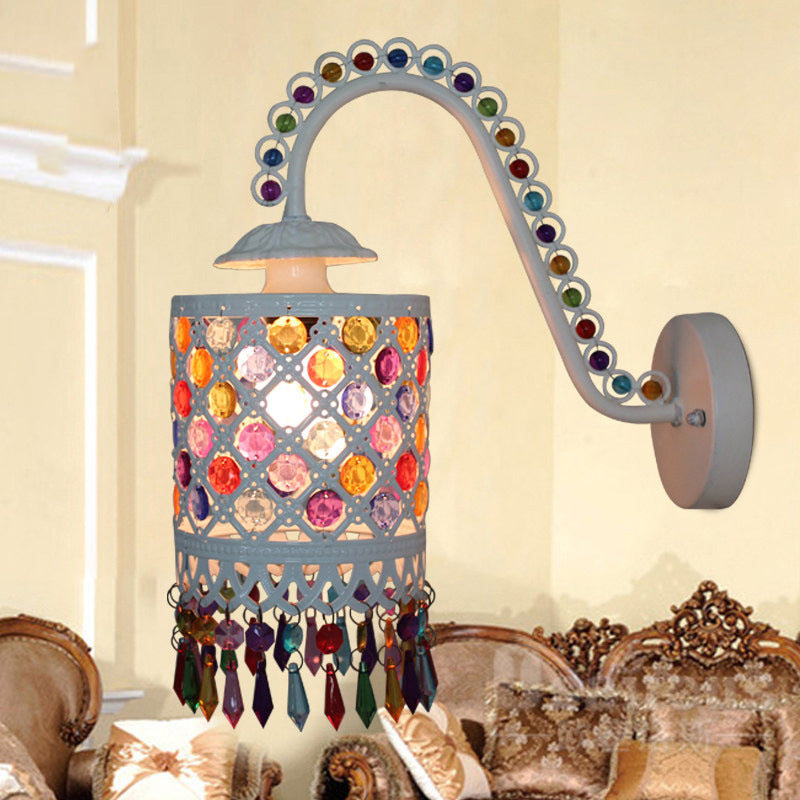 Iron White/Red Wall Sconce Cylinder 1 Head Bohemia Wall Mount Light with Beaded Fringe and Gooseneck Arm