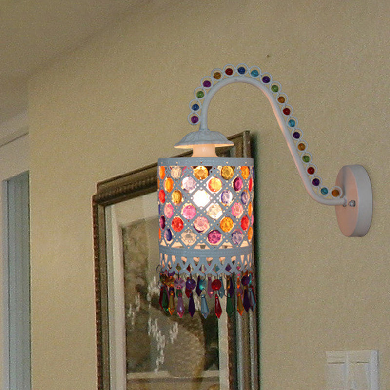 Iron White/Red Wall Sconce Cylinder 1 Head Bohemia Wall Mount Light with Beaded Fringe and Gooseneck Arm