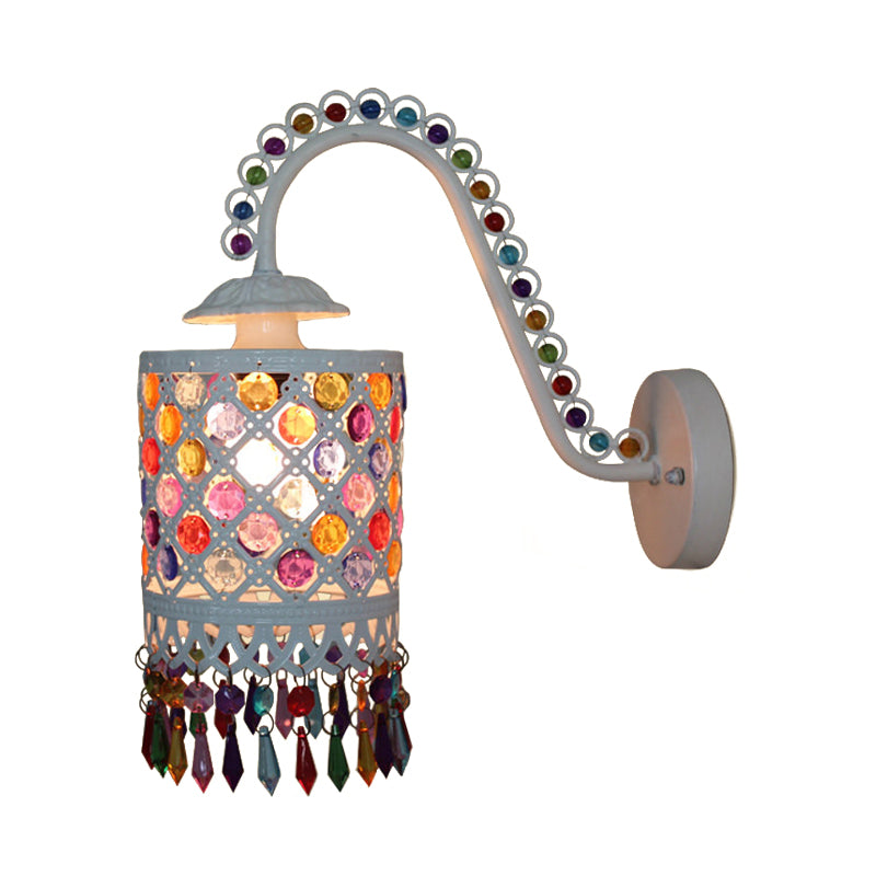 Iron White/Red Wall Sconce Cylinder 1 Head Bohemia Wall Mount Light with Beaded Fringe and Gooseneck Arm
