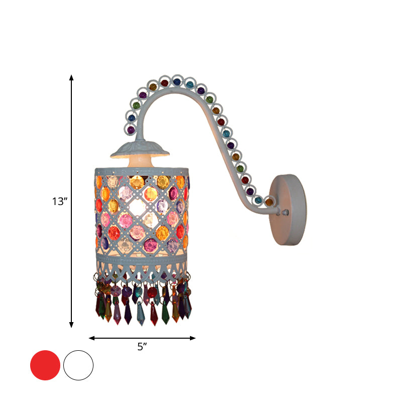 Iron White/Red Wall Sconce Cylinder 1 Head Bohemia Wall Mount Light with Beaded Fringe and Gooseneck Arm