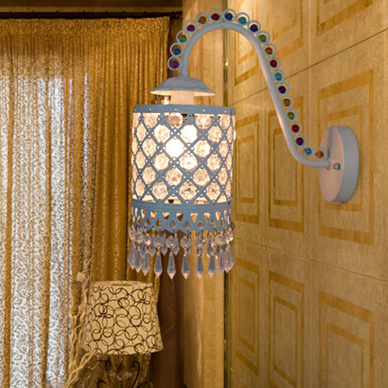 Iron White/Red Wall Sconce Cylinder 1 Head Bohemia Wall Mount Light with Beaded Fringe and Gooseneck Arm