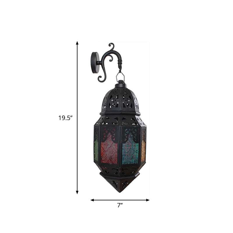 Stained Art Glass Censer Wall Lamp Turkish Single-Bulb Bistro Lantern Sconce in Black