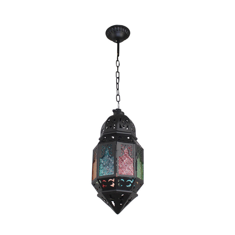 Moroccan Censer Ceiling Hanging Lantern 1-Light Stained Glass Down Lighting Pendant in Black