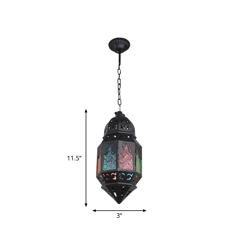 Moroccan Censer Ceiling Hanging Lantern 1-Light Stained Glass Down Lighting Pendant in Black