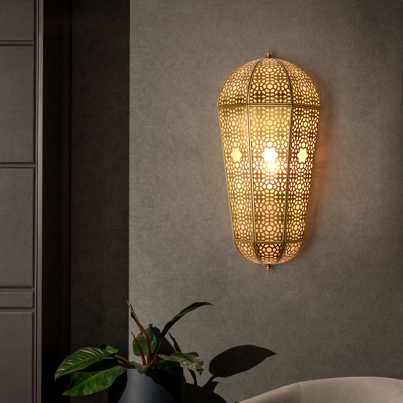 Metallic Brass Lantern Sconce Balloon Shaped Hollowed out 1-Head Turkish Wall Mount Lamp