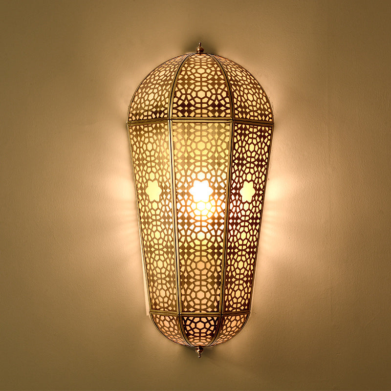 Metallic Brass Lantern Sconce Balloon Shaped Hollowed out 1-Head Turkish Wall Mount Lamp