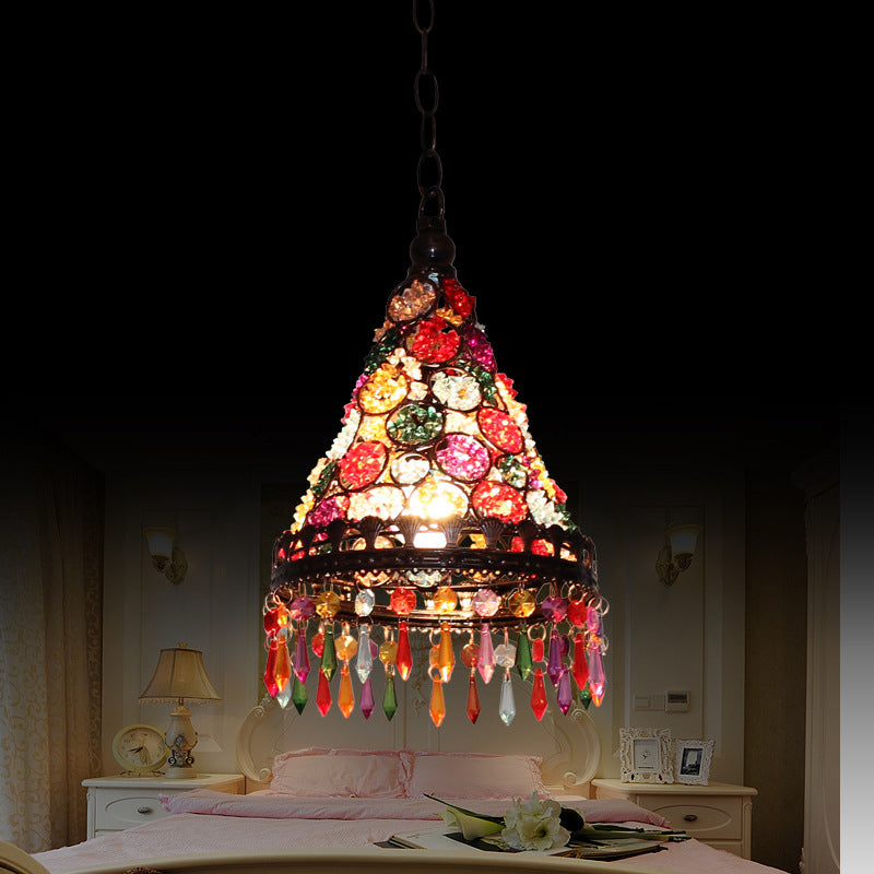 1 Head Ceiling Pendant Bohemian Bedroom Hanging Lamp with Cone/Gyro Stained Glass Shade in Copper