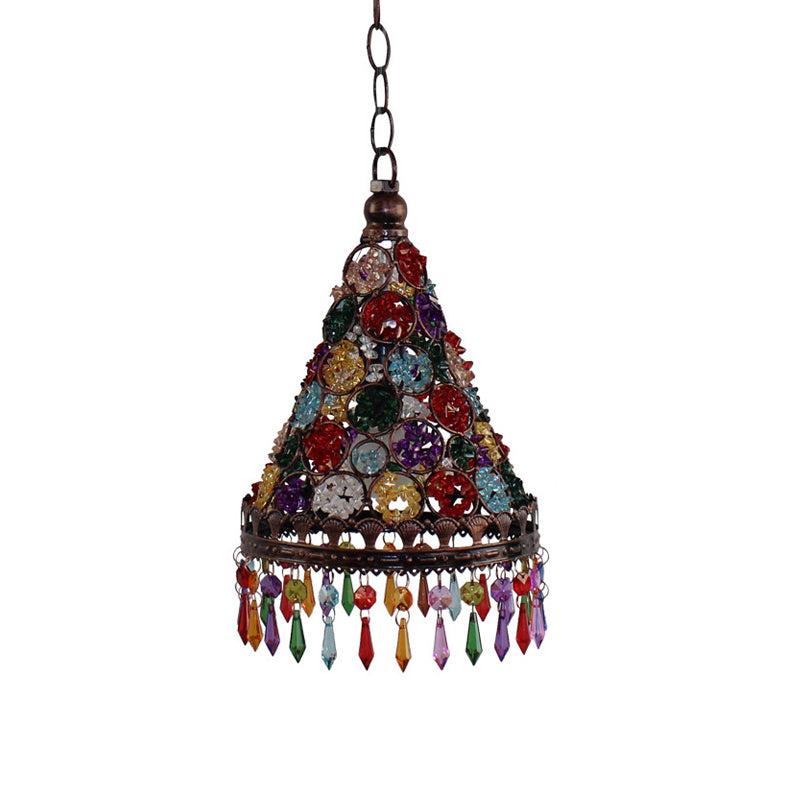 1 Head Ceiling Pendant Bohemian Bedroom Hanging Lamp with Cone/Gyro Stained Glass Shade in Copper