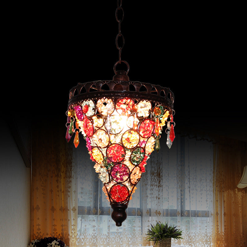 1 Head Ceiling Pendant Bohemian Bedroom Hanging Lamp with Cone/Gyro Stained Glass Shade in Copper