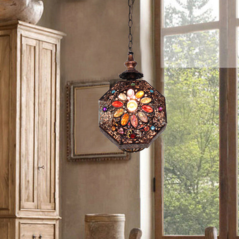 Weathered Copper Octagonal Pendant Lamp Bohemian Stained Glass 1 Bulb Dining Room Ceiling Hanging Lantern