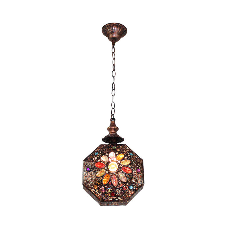 Weathered Copper Octagonal Pendant Lamp Bohemian Stained Glass 1 Bulb Dining Room Ceiling Hanging Lantern
