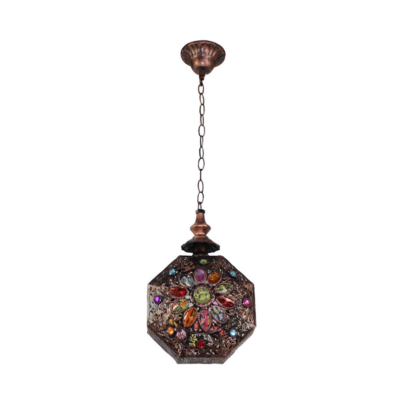 Verweerde koperen achthoekige hanger lamp Boheems gebrandschilderde glas 1 lamp eetkamer plafondhangende lantaarn