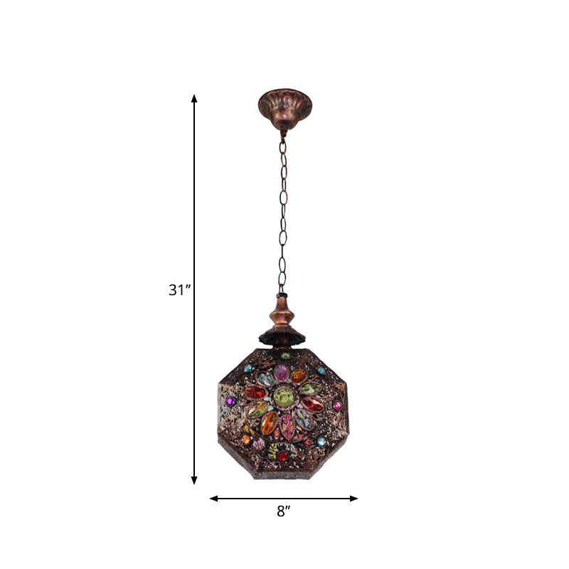 Weathered Copper Octagonal Pendant Lamp Bohemian Stained Glass 1 Bulb Dining Room Ceiling Hanging Lantern